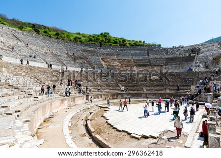 PHESUS, TURKEY - APRIL 13 : Tourists on Amphitheater (Coliseum) in Ephesus Turkey on April 13, 2015. Ephesus contains the ancient largest collection of Roman ruins in the eastern Mediterranean.