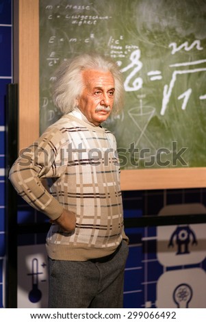 BANGKOK - JUL 22: A waxwork of Albert Einstein on display at Madame Tussauds on July 22, 2015 in Bangkok, Thailand. Madame Tussauds\' newest branch hosts waxworks of numerous stars and celebrities.