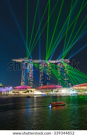SINGAPORE - JULY 09: Laser show at the Marina Bay Sands on July 09, 2015 in Singapore. Marina Bay Sands is an integrated resort and the world\'s most expensive standalone casino property.