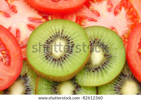 kiwi and tomato fruit on a white background