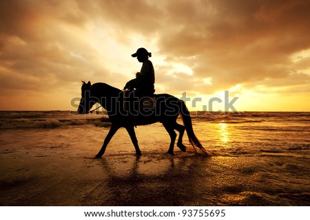 Silhouette man and horse on the beach with sunset sky environment at Thailand