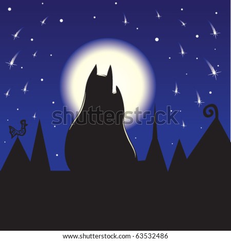 stock vector Two cats sitting on a roof at night and watching the moon and