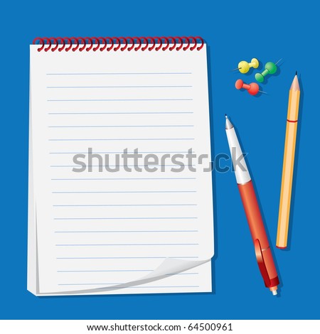 Block note and pens isolated on a blue background