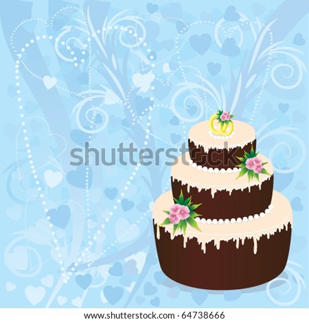Wedding cake with flowers on a blue textured background
