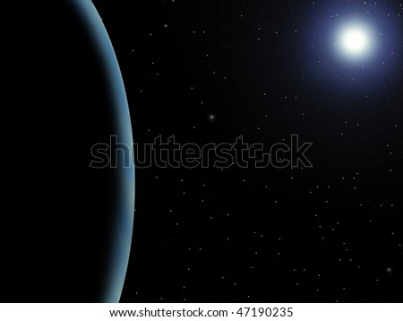 Rendering of a blue planet and a star on a starry background