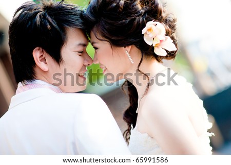 romantic bride and groom, each other seeing eyes