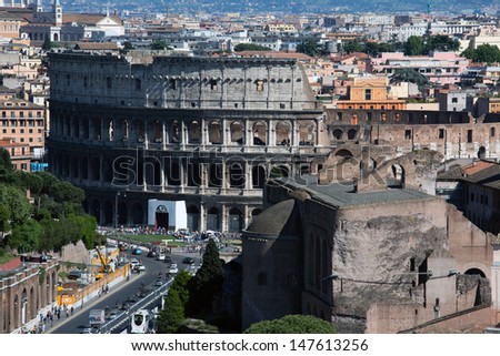 Panoramic view of Rome with Forum and Colosseum, Italy