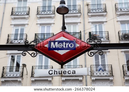 Metro Chueca street sign in Madrid city