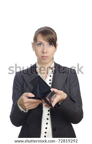 young woman with empty purse on white