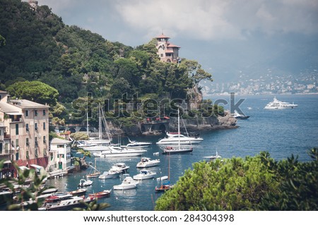 Panoramic view of Seaside villas near Portofino in Italy, holiday destination of celebrities