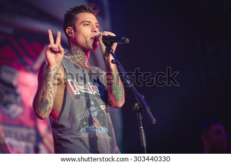 LUCCA, ITALY - JULY 24, 2015: FEDEZ famous Italian singer performs singing on stage at the Lucca summer festival in July in the beautiful city of LUCCA in ITALY