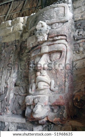 One of the masks in the Temple of the Masks at Kohunlich, Mexico.