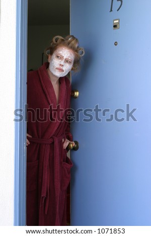 Woman answering door unprepared