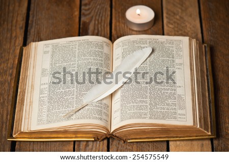old open Bible and candle