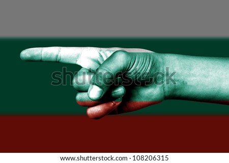 Human hand point with finger in Bulgaria national flag