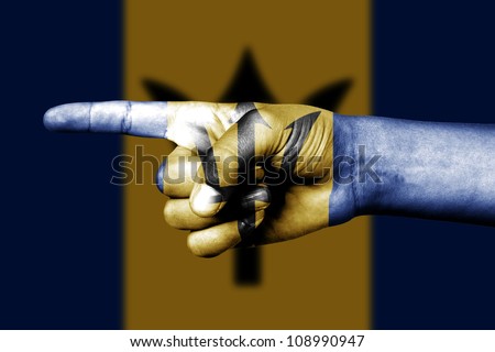 Human hand point with finger in Barbados national flag