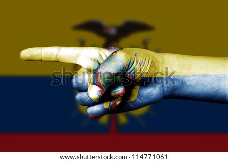 Human hand point with finger in Ecuador national flag