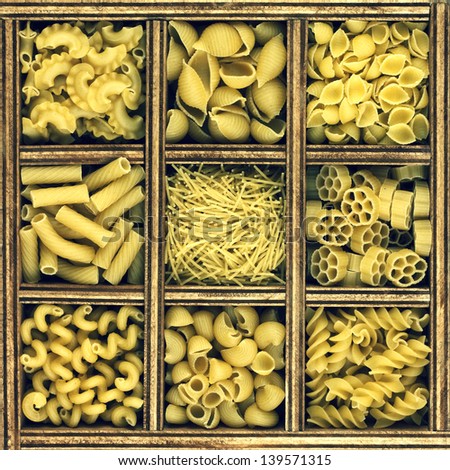 different kinds of italian pasta in wooden box catalog. vintage style image