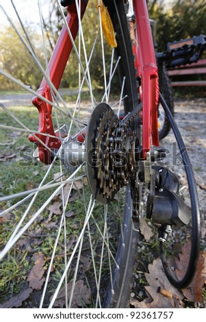 Rear red mountain bike cassette on the wheel with chain