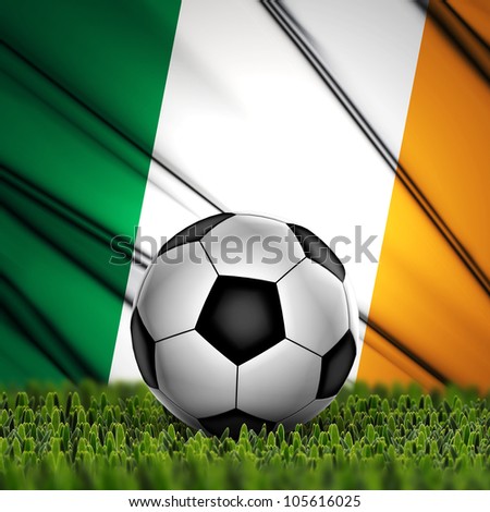 Soccer ball on grass against National Flag. Country Republic of Ireland