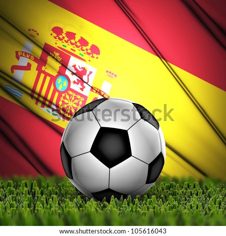 Soccer ball on grass against National Flag. Country Spain