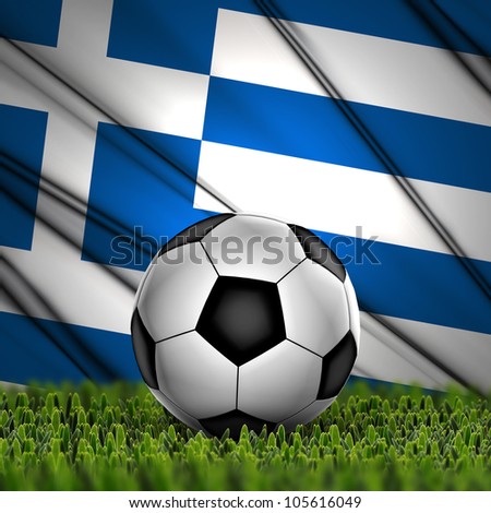 Soccer ball on grass against National Flag. Country Greece