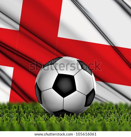 Soccer ball on grass against National Flag. Country England