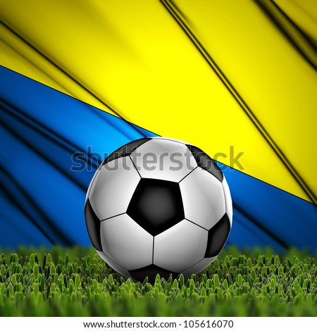 Soccer ball on grass against National Flag. Country Ukraine