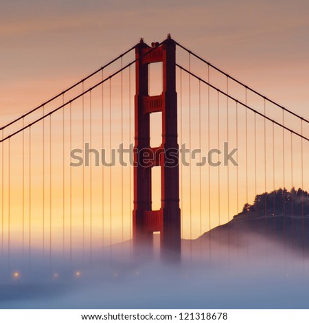 Panorama Photo Of Golden Gate Bridge At Sunset With Fog, San Francisco, Usa