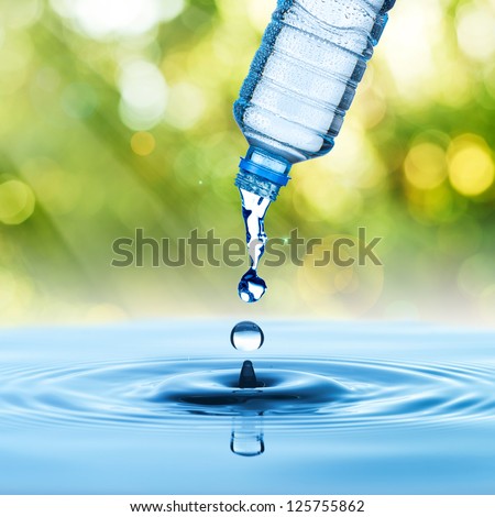 water drop from water bottle with green nature background