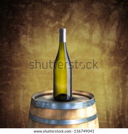 White wine bottle on wood barrel with grunge background