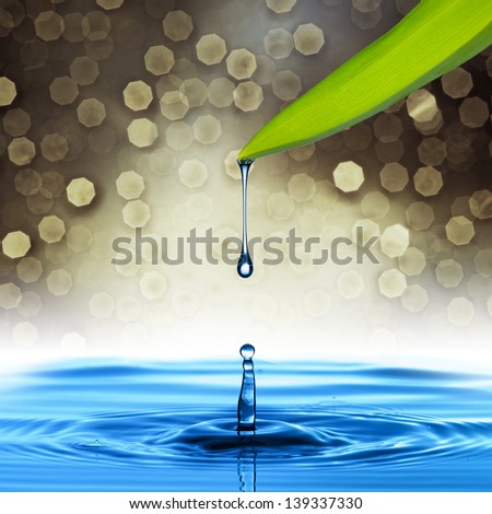Water drop from green leaf on bokeh background