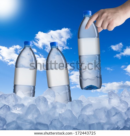 Hand Picking Cold Water Bottle From Ice Cube In Hot Summer Day