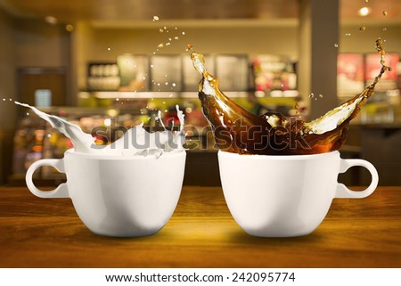 Coffee and Milk Splash from cup in Coffee Shop