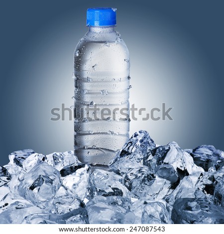 Cold Water Bottle on Ice Cubes