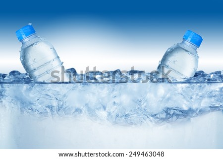 Cold Water Bottle In Ice Bucket with Ice Cubes