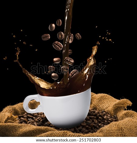 Coffee Beans Falling Into Glass of Hot Coffee Splash