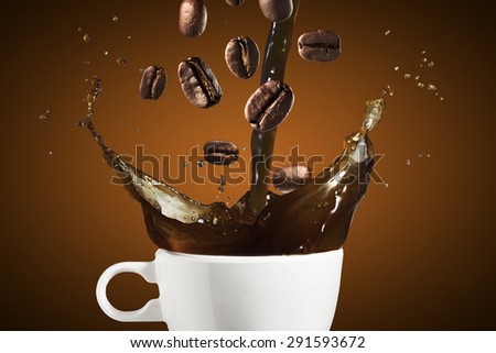 Coffee Splash from Cup With Coffee Beans Falling