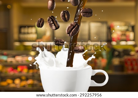Milk Splash With Coffee Pour And Coffee Beans