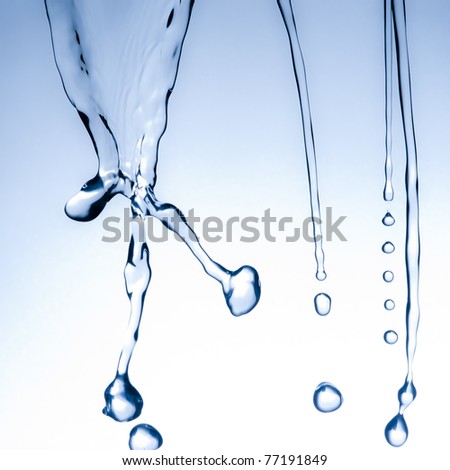 Flow of water and water drop on blue and white background