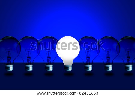 One light bulb turn on with blue color background.