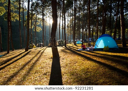 Illuminated blue Camping tent from sunlight with silhouette trees in outdoor