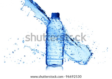 bottle of water and water splash isolated on white