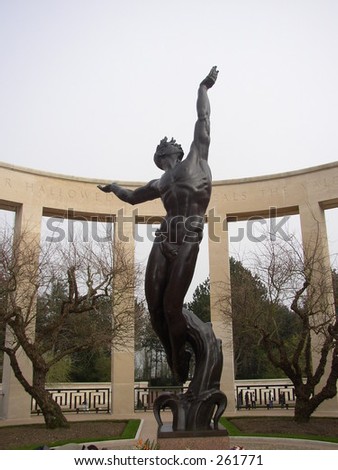 Statue at American Cemetery in Normandy of Fallen Soldier Ascending to Heaven