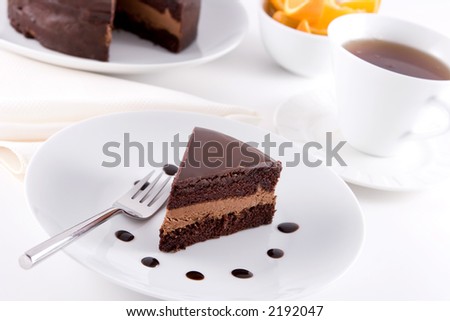 Chocolate cake and tea