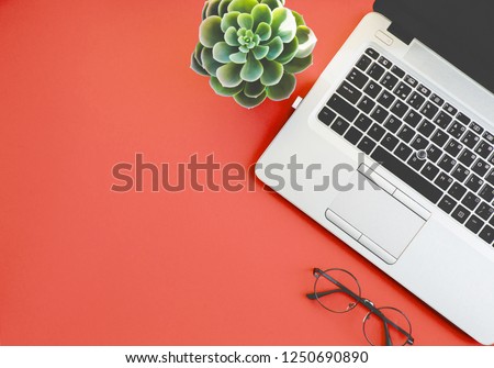 Color of the year 2019 living Coral Pantone. Top view of workspace with laptop, succulent and glasses and copy space on colored blue background. Flatlay minimalism