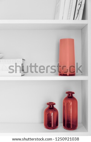 black and white photo of home interior design. closet shelves with vases and books closeup in colors of the year 2019 living coral