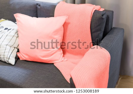 Color of the year 2019 living coral. blanket and pillows on the sofa in the interior
