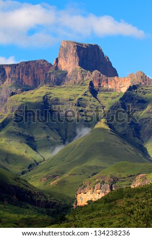 Sentinal peak in the amphitheater of the Drakensberg mountains, Royal Natal National Park, South Africa