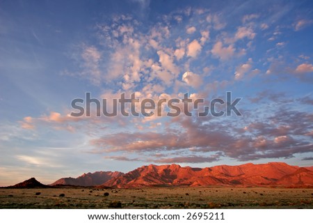 Desert landscape at sunrise, Brandberg mountain, Namibia